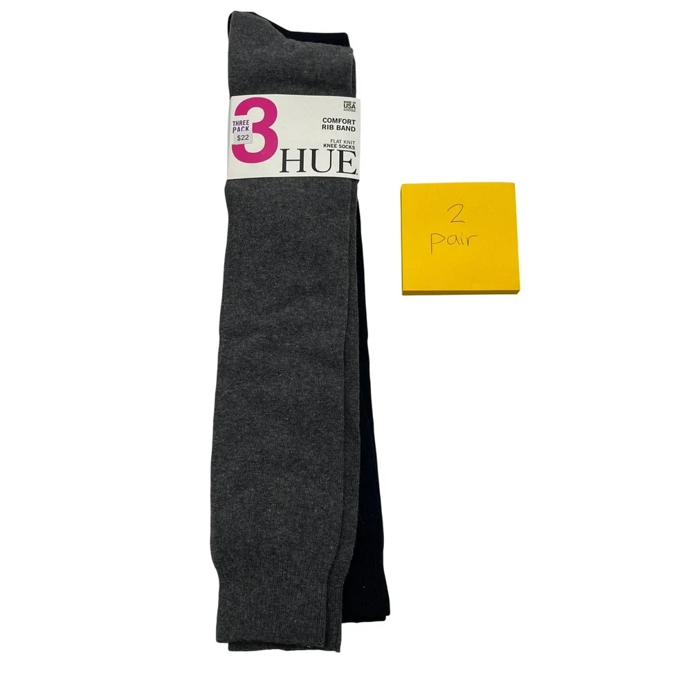 Hue Flat Knit Knee Socks Women OS Black Grey 2 Pair Pack Comfort Rib Band SAL118